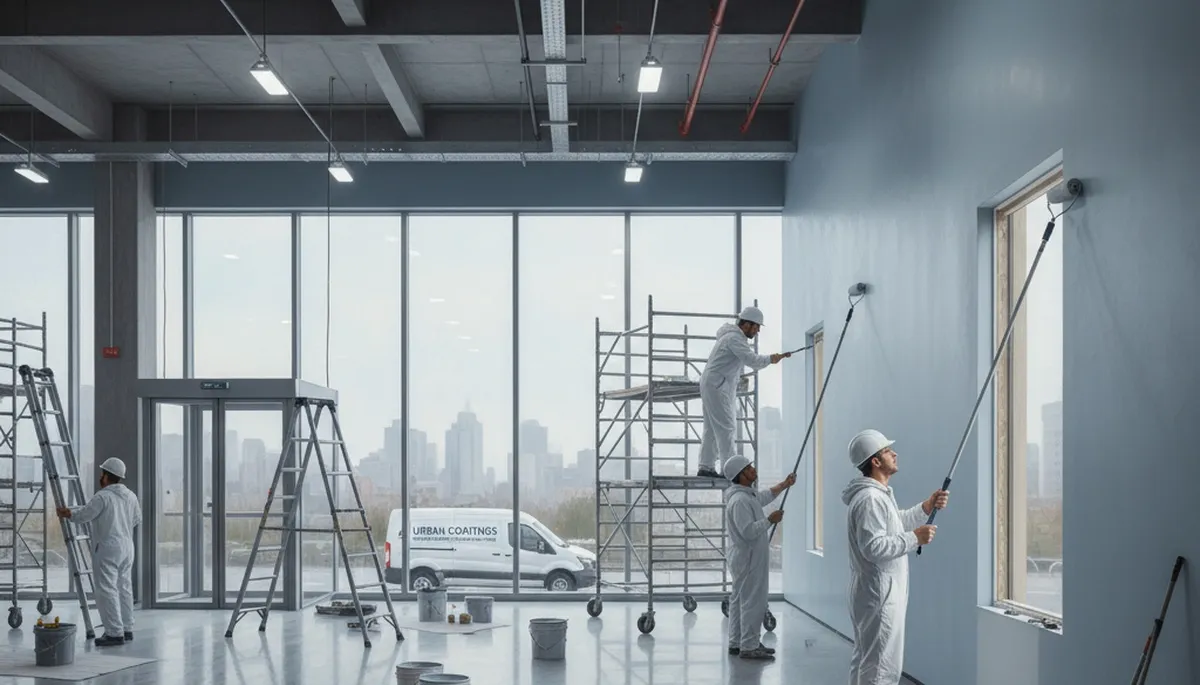 Commercial painting contractors in Pasadena, CA applying durable exterior coatings to a business building